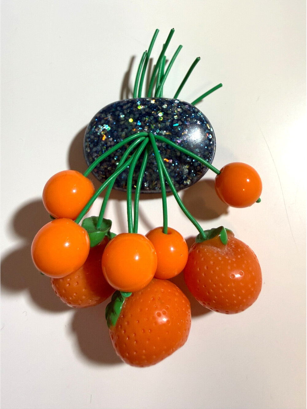 Juicy Oranges Blue Confetti Brooch - Luxulite Glitter Reproduction Lucite Fruit